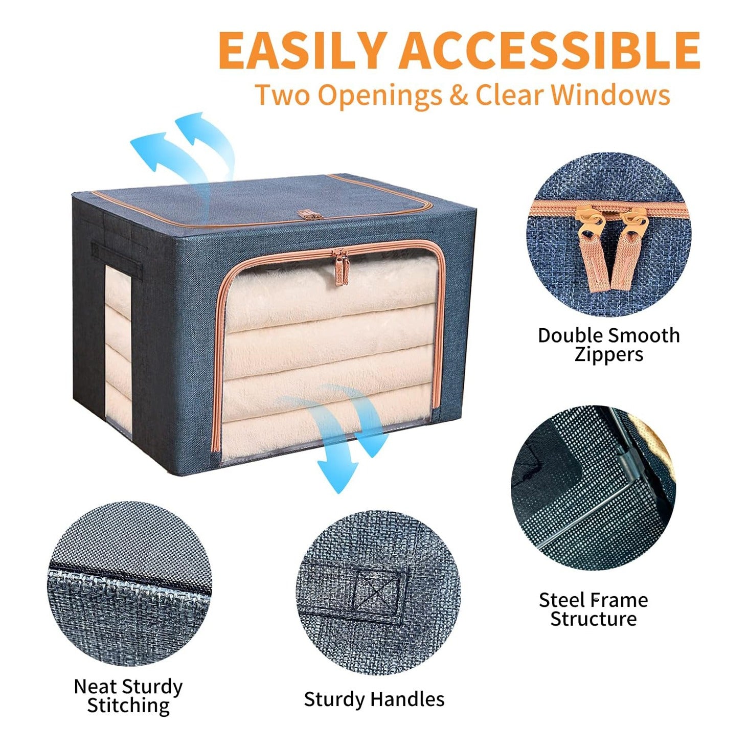 2 x 66L Foldable Large Capacity Cloth Storage, Wardrobe Organizer Box with Steel Frame Support