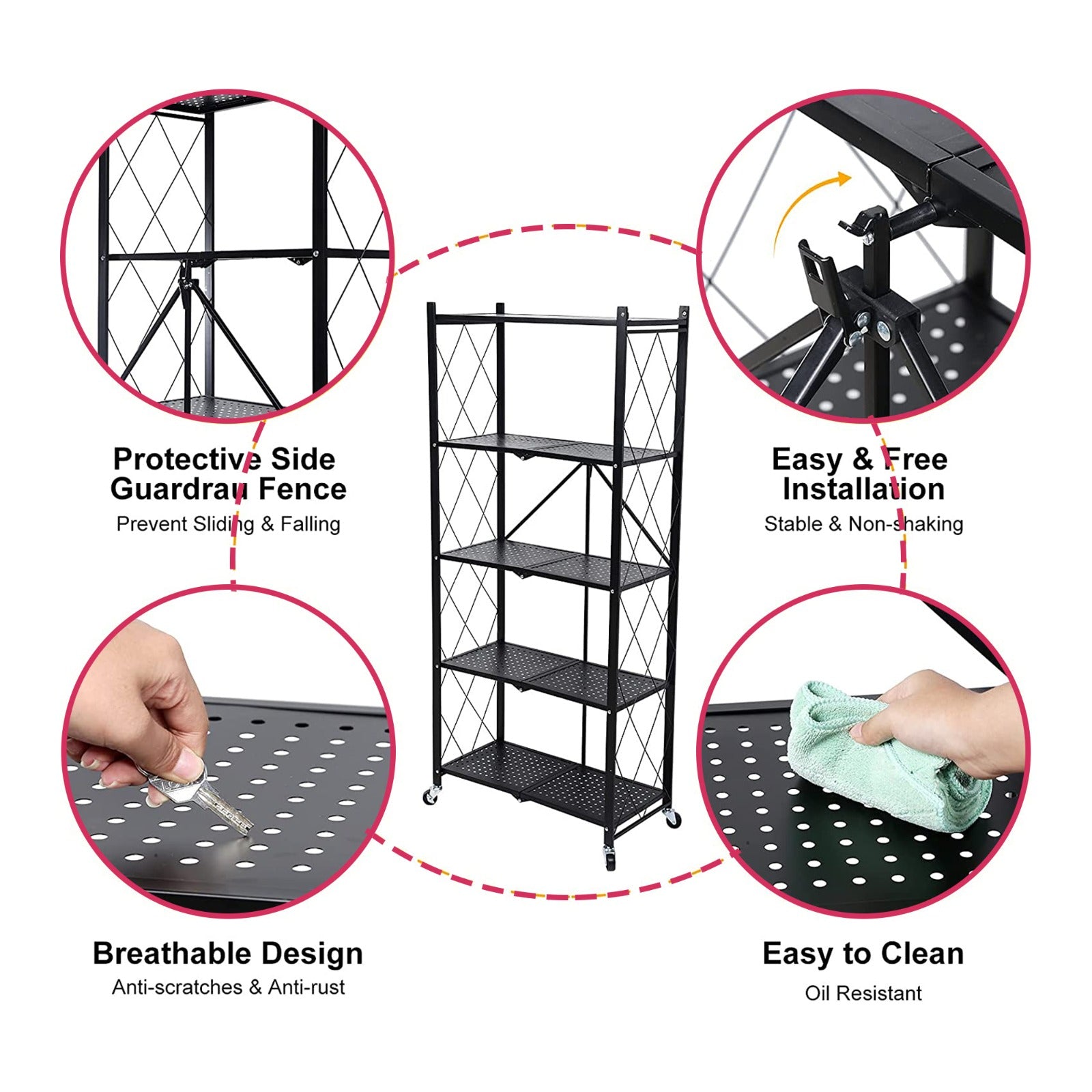 Multi Tier Foldable Storage Rack with Movable Wheel