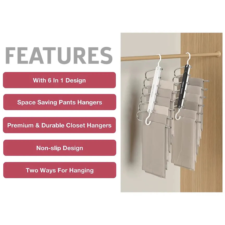 Space Saving Wardrobe Hanger, 6 Bars Multi-functional Cloth Pant Shawl Hanger