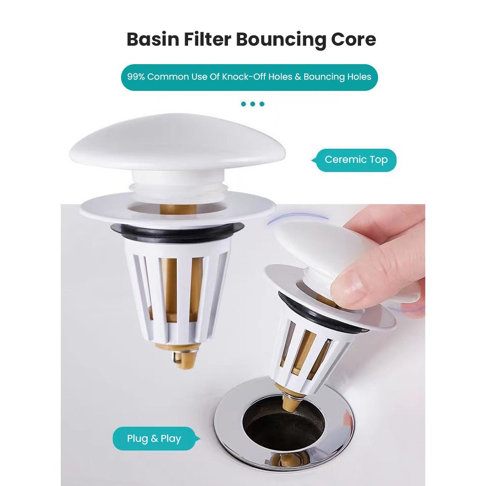 Bathroom Sink Stopper Drain Filter with Hair Catcher, Basin Ceramic Bounce Drain Push Type Sink Plug