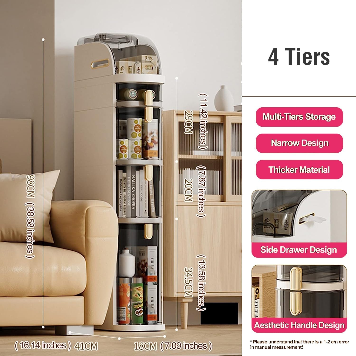 Narrow Slim Gap Tower Bathroom Floor Cabinet Organizer, Side Rolling Storage with Clear Drawers for Small Space