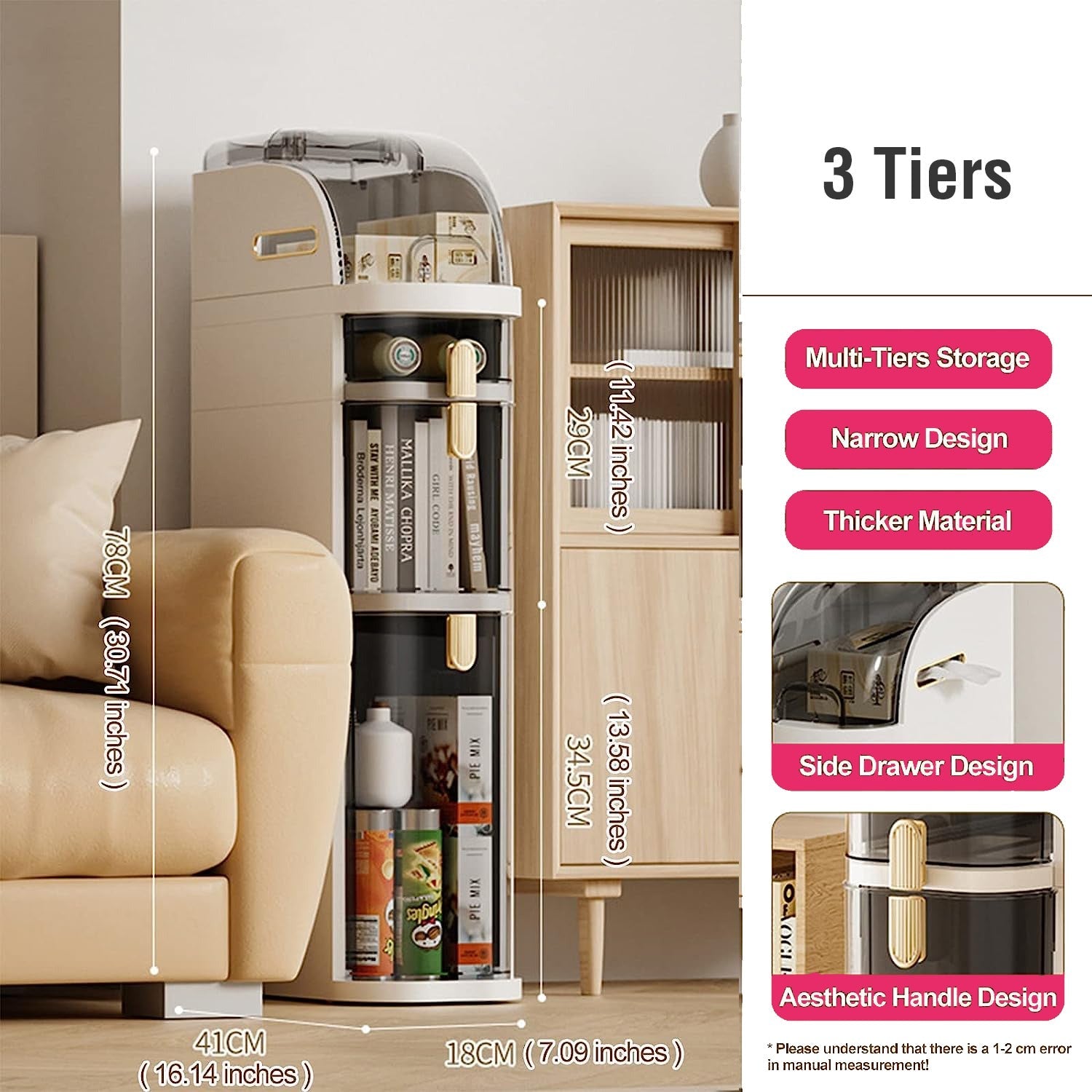 Narrow Slim Gap Tower Bathroom Floor Cabinet Organizer, Side Rolling Storage with Clear Drawers for Small Space