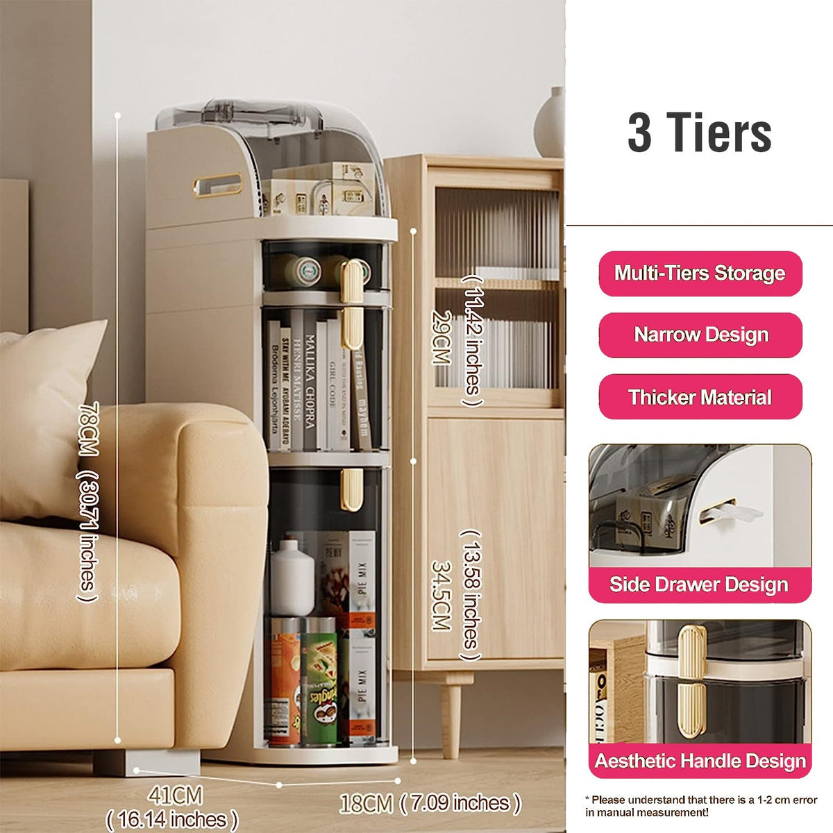 Narrow Slim Gap Tower Bathroom Floor Cabinet Organizer, Side Rolling Storage with Clear Drawers for Small Space