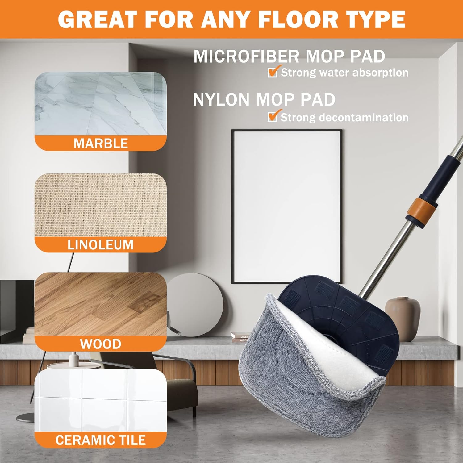 Spin Mop and Bucket - 360° Rotation, Flat Mop with 6 Pads