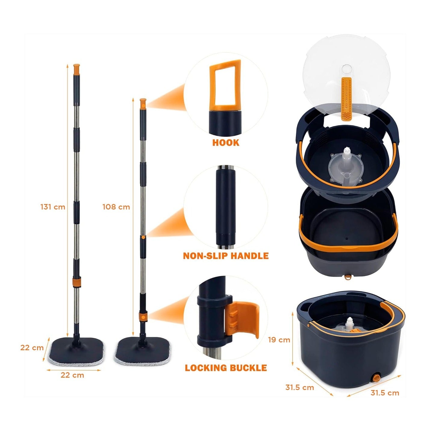 Spin Mop and Bucket - 360° Rotation, Flat Mop with 6 Pads