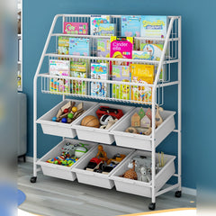 Kids Bookshelf and Toy Storage Organizer Rack, Display Shelf with 6 Storage Bins and Wheels