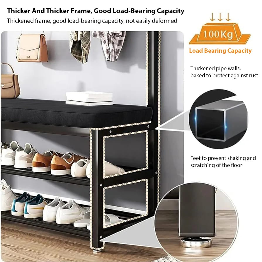 Large Coat Stand Hanger with Shoe Rack Bench, Entryway Storage Bench With Hooks