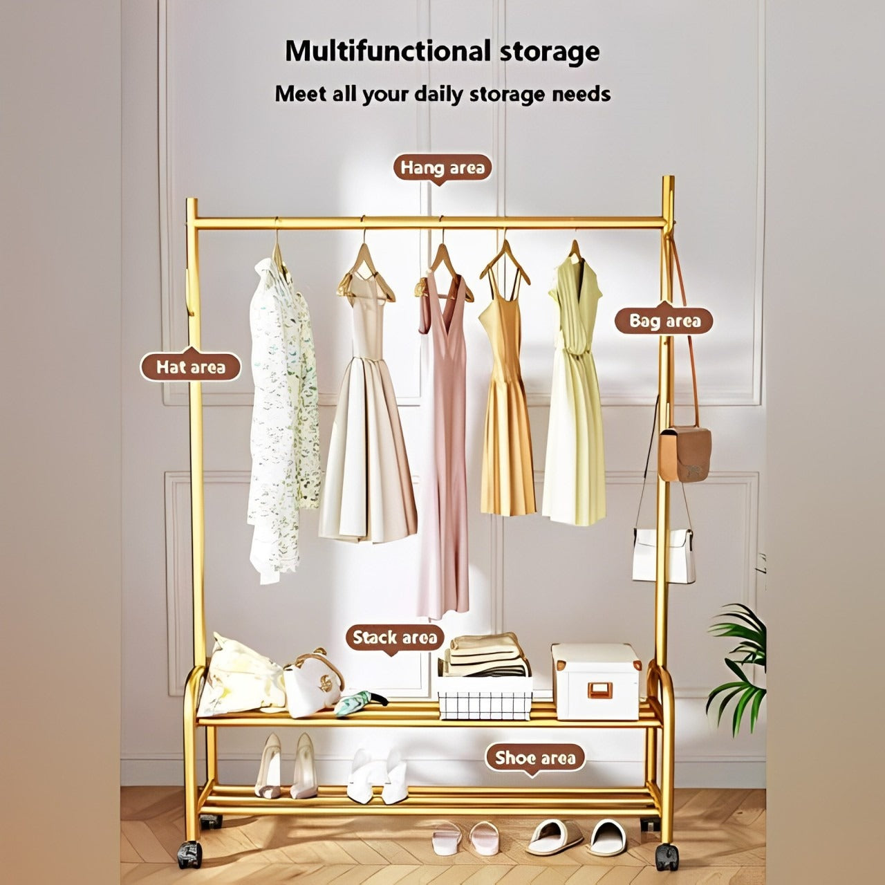 Heavy Duty Clothes Organizer Hanger Rack, Movable Cloth Display Stand with Lower Storage Shelf