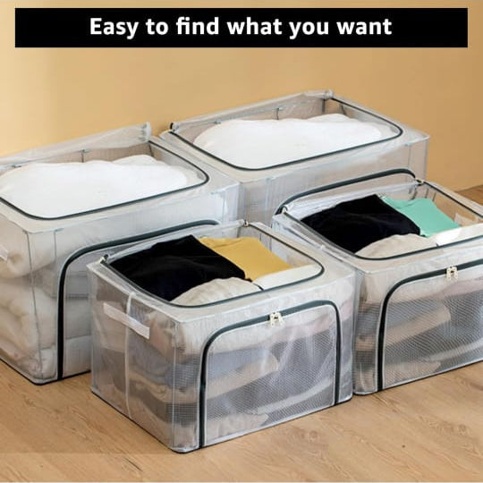 2 Pack 72L Foldable Cloth Storage Organizer Box, Large Capacity Wardrobe Organizer with Steel Frame Support