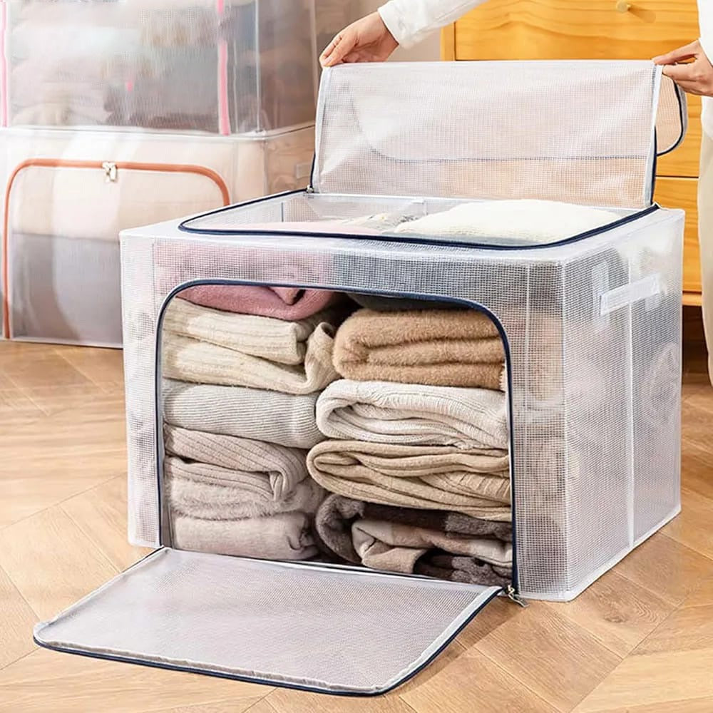 2 Pack 72L Foldable Cloth Storage Organizer Box, Large Capacity Wardrobe Organizer with Steel Frame Support