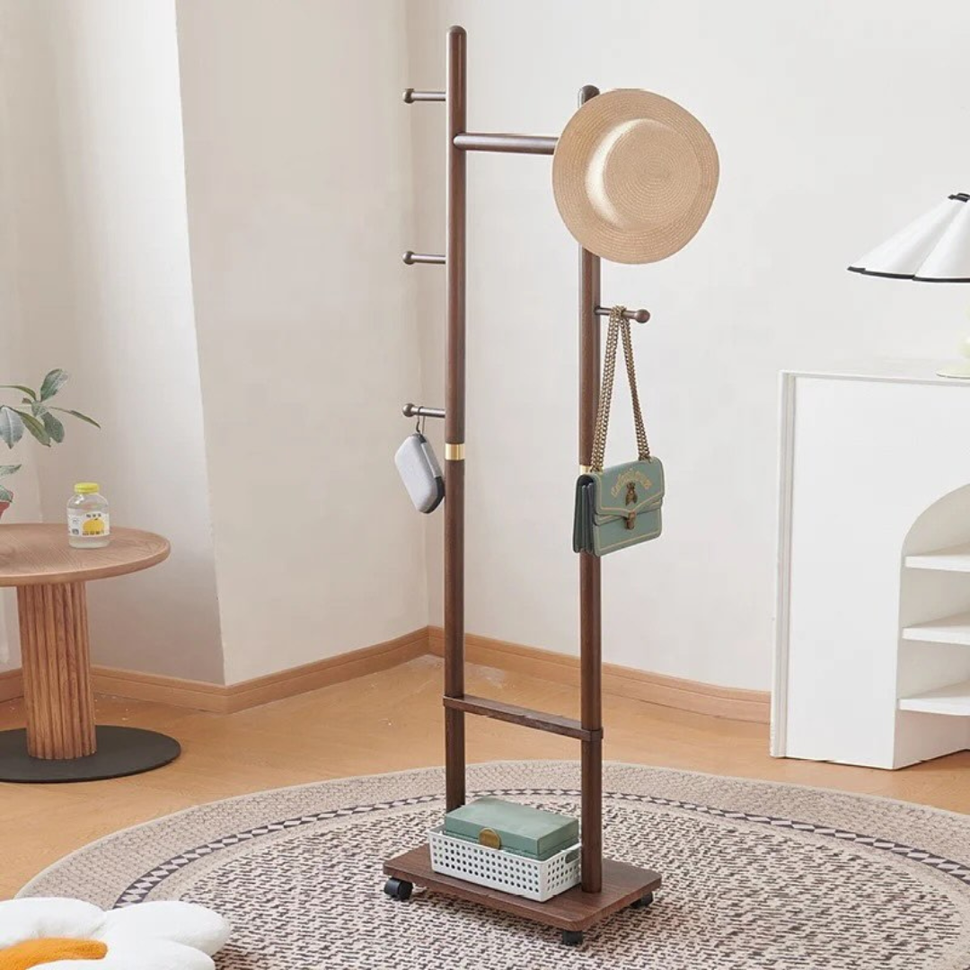 Wooden Coat Rack Hanger with Wheels – Mobile Hall Tree Clothing Organizer Stand