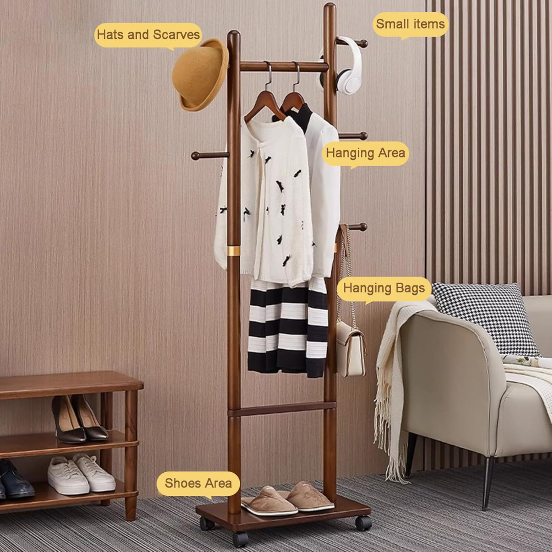 Wooden Coat Rack Hanger with Wheels – Mobile Hall Tree Clothing Organizer Stand