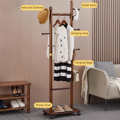 Wooden Coat Rack Hanger with Wheels – Mobile Hall Tree Clothing Organizer Stand