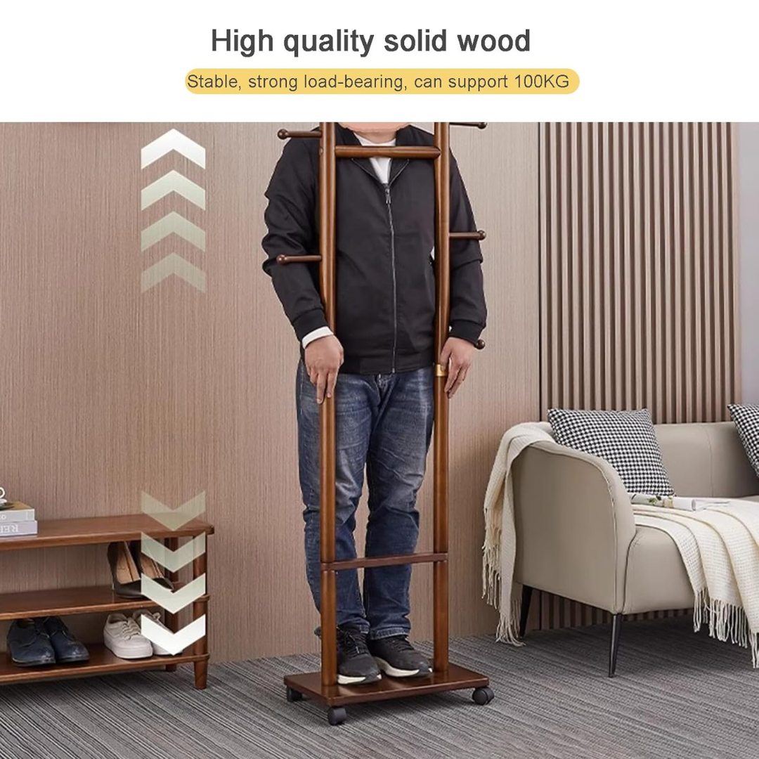 Wooden Coat Rack Hanger with Wheels – Mobile Hall Tree Clothing Organizer Stand
