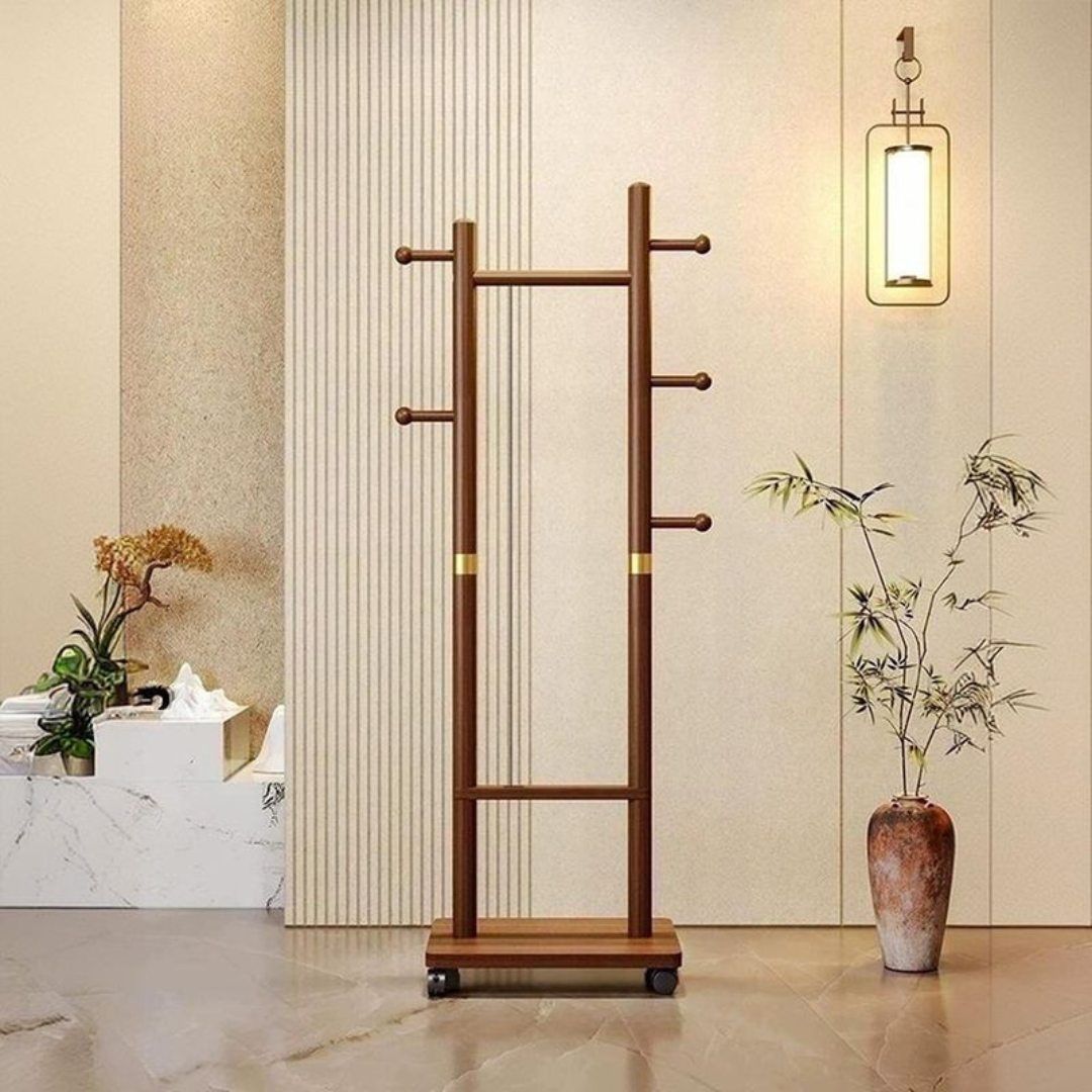 Wooden Coat Rack Hanger with Wheels – Mobile Hall Tree Clothing Organizer Stand