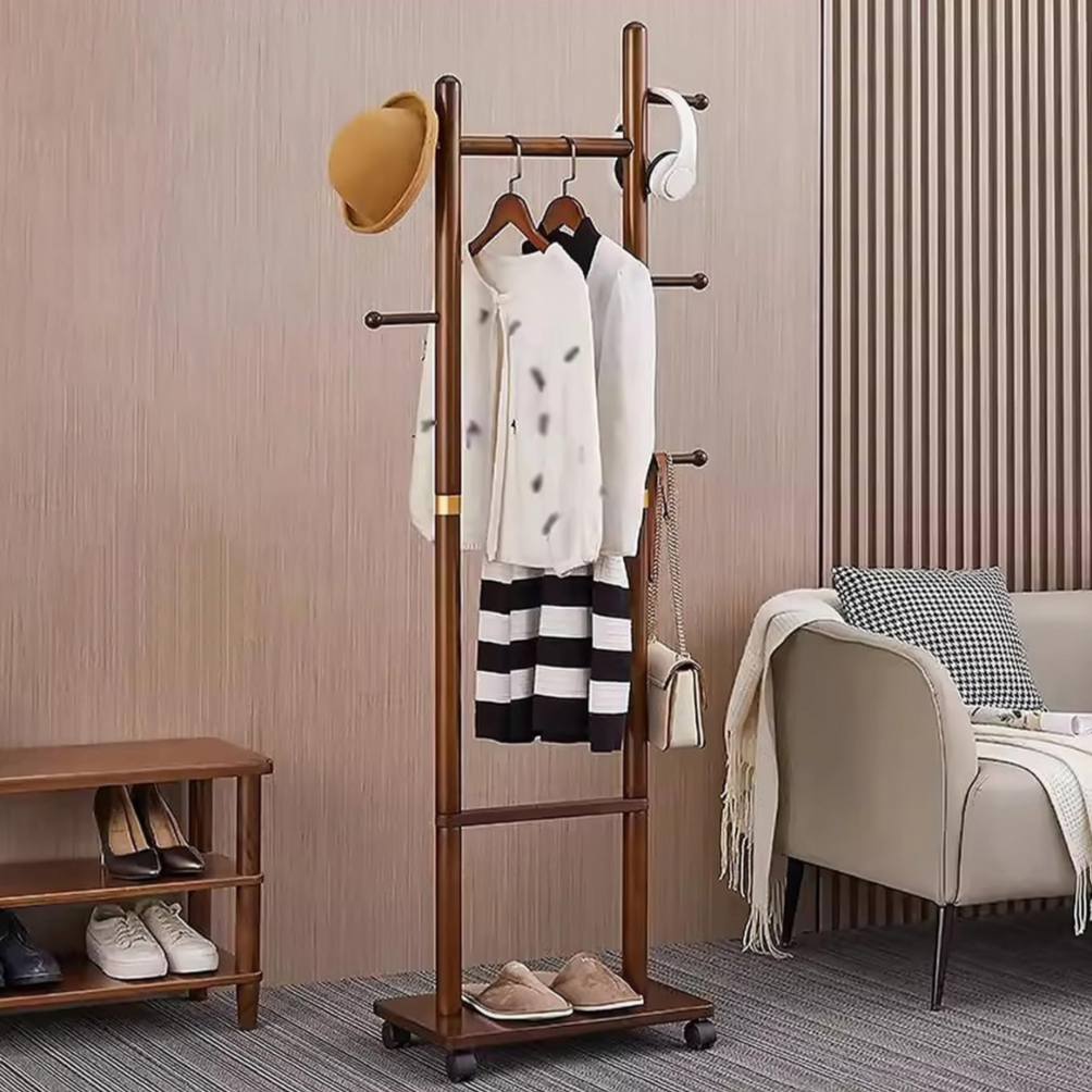 Wooden Coat Rack Hanger with Wheels – Mobile Hall Tree Clothing Organizer Stand