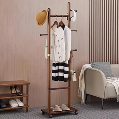 Wooden Coat Rack Hanger with Wheels – Mobile Hall Tree Clothing Organizer Stand