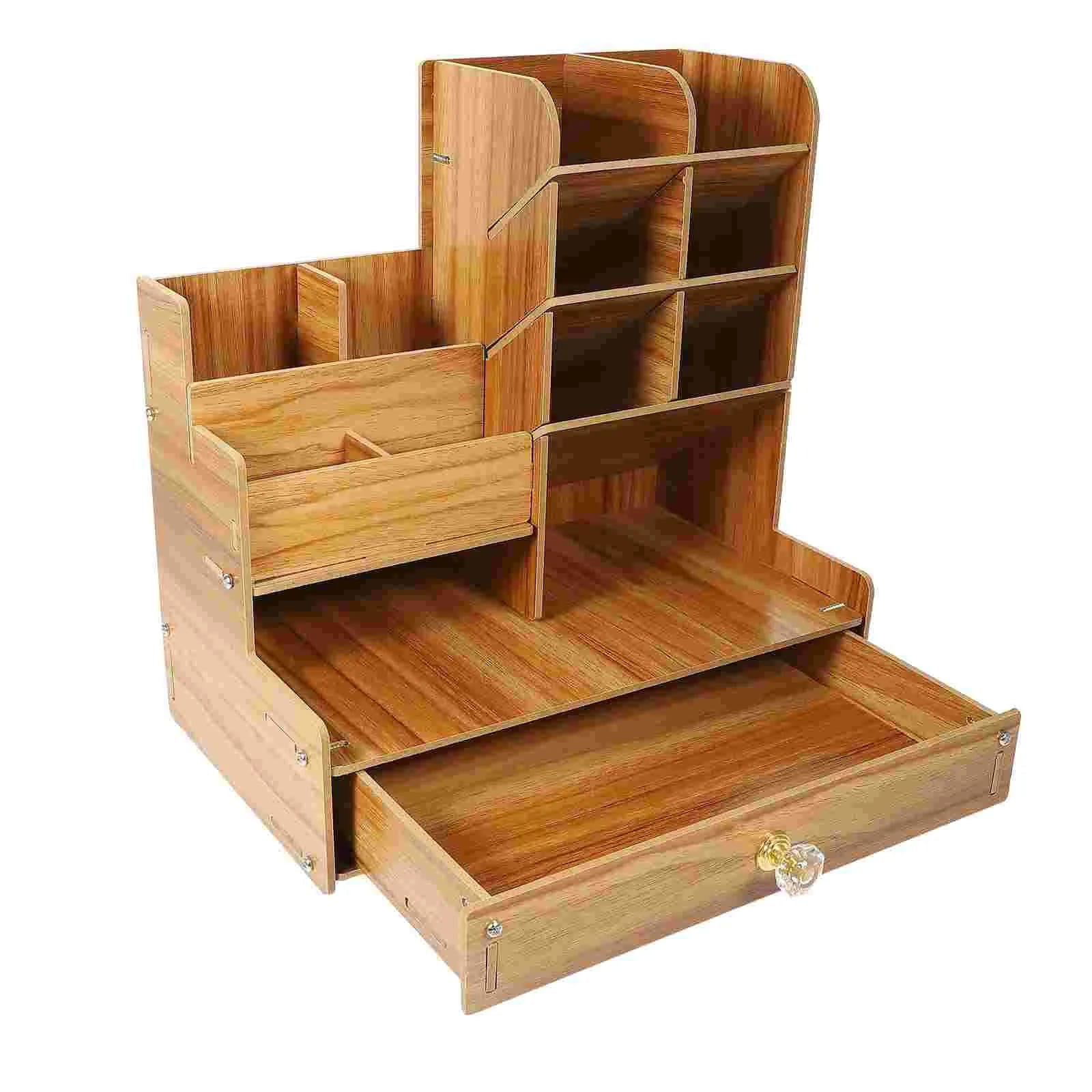 Wooden Desk Organizer with Drawer, Pen Holder - Student and Office Desktop Marker Stationery Storage Rack Box