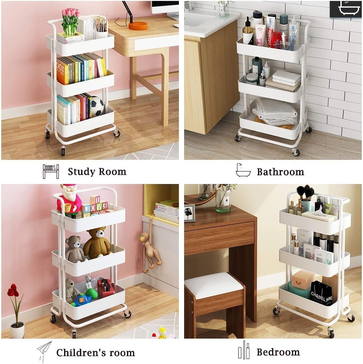 3-Tier Trolley Cart Organizer - Stackable Basket Rack for Kitchen and Pantry Storage