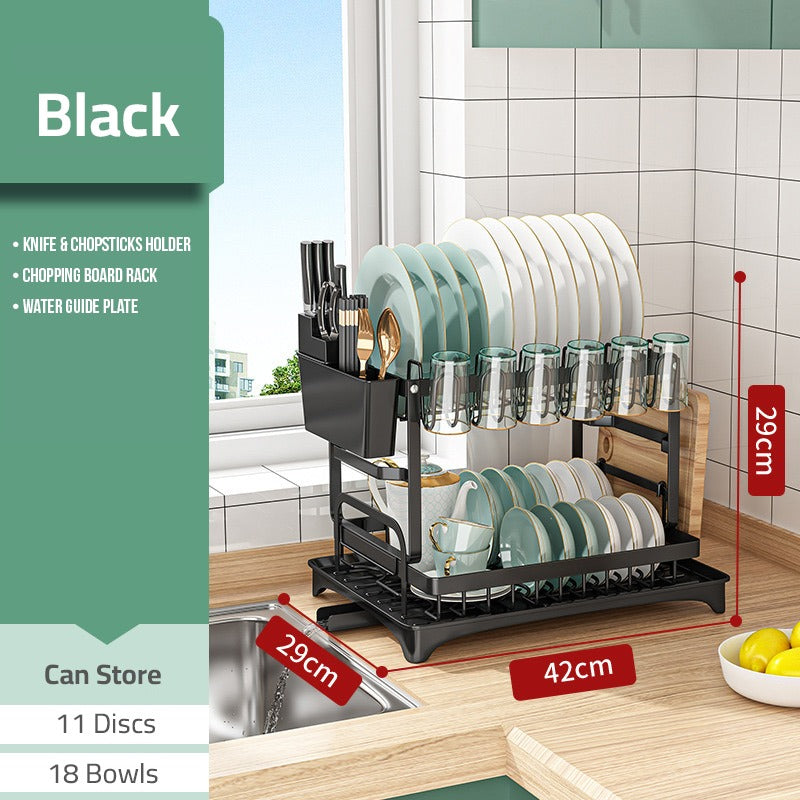 2 Tier Dish Drying Rack with Cutlery Holder, Cup Rack, Drainboard