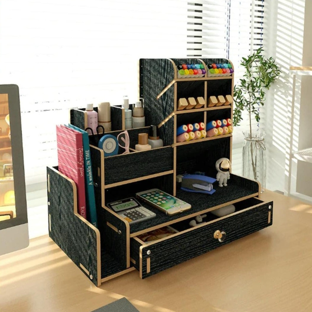 Wooden Desk Organizer with Drawer, Pen Holder - Student and Office Desktop Marker Stationery Storage Rack Box