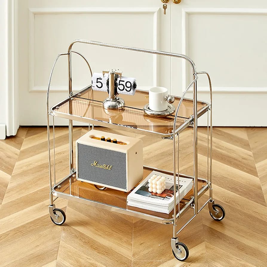 Folding 2-Tier Serving Trolley, Storage Rolling Cart, Mobile Glass Dining Rack Shelf