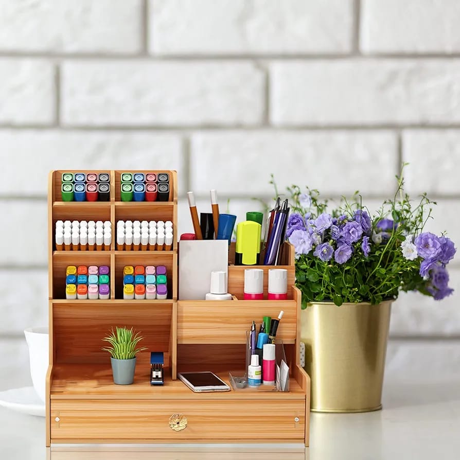 Wooden Desk Organizer with Drawer, Pen Holder - Student and Office Desktop Marker Stationery Storage Rack Box