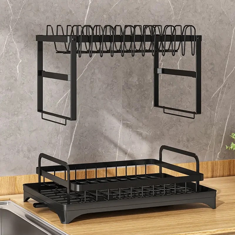 2 Tier Dish Drying Rack with Cutlery Holder, Cup Rack, Drainboard