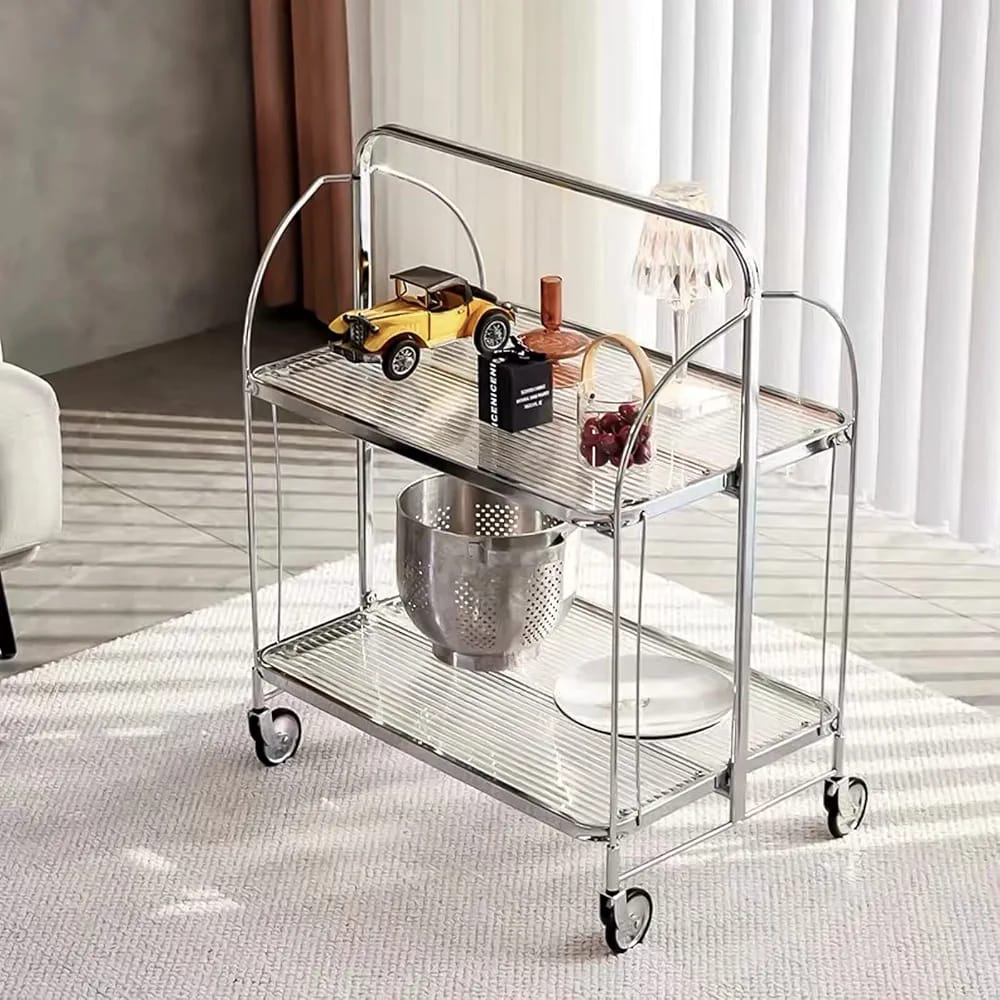 Folding 2-Tier Serving Trolley, Storage Rolling Cart, Mobile Glass Dining Rack Shelf