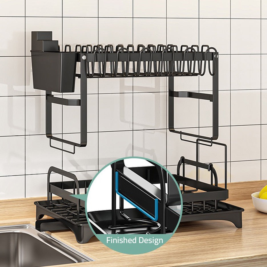 2 Tier Dish Drying Rack with Cutlery Holder, Cup Rack, Drainboard