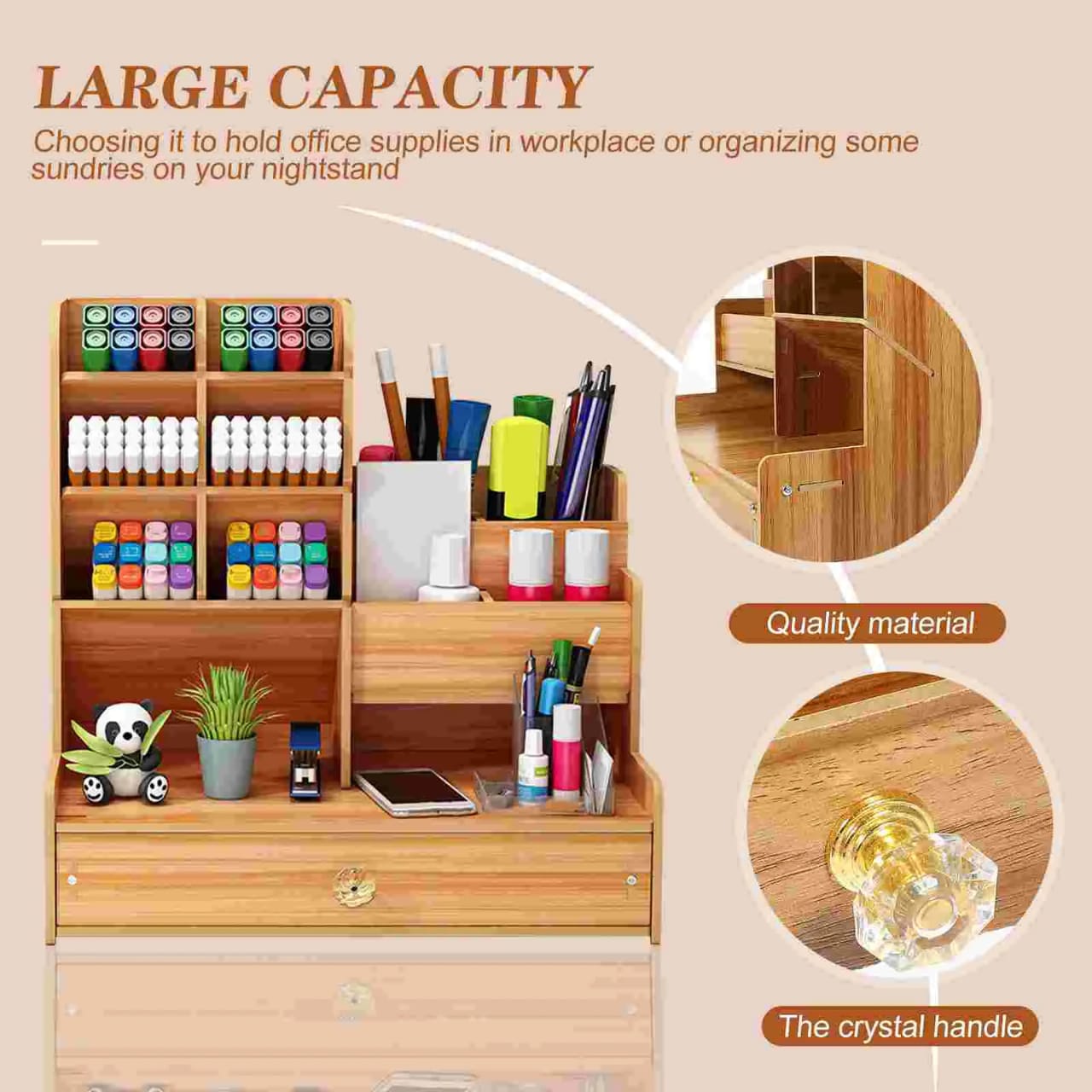 Wooden Desk Organizer with Drawer, Pen Holder - Student and Office Desktop Marker Stationery Storage Rack Box