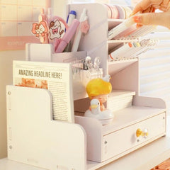 Wooden Desk Organizer with Drawer, Pen Holder - Student and Office Desktop Marker Stationery Storage Rack Box