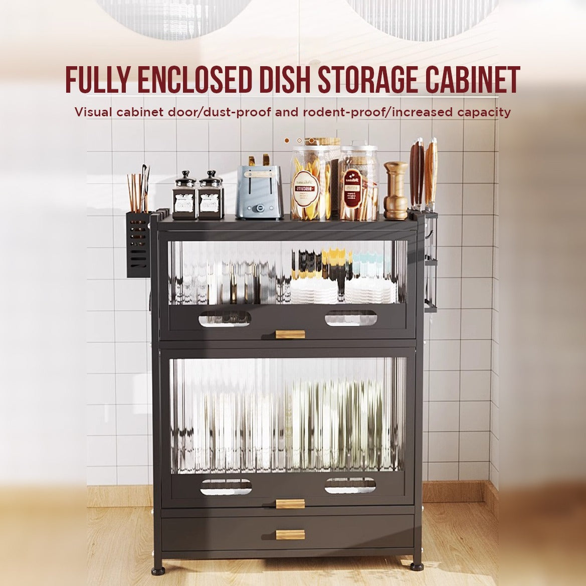 Kitchen Storage Rack Cabinet - Countertop Cutlery and Dish Organizer with Drawer for Utensils, and Cookware