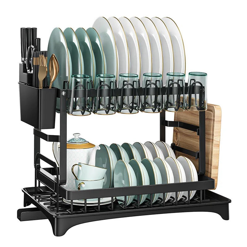 2 Tier Dish Drying Rack with Cutlery Holder, Cup Rack, Drainboard