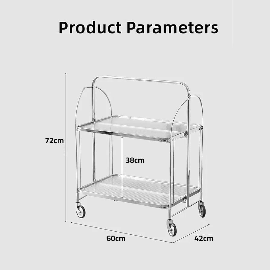 Folding 2-Tier Serving Trolley, Storage Rolling Cart, Mobile Glass Dining Rack Shelf