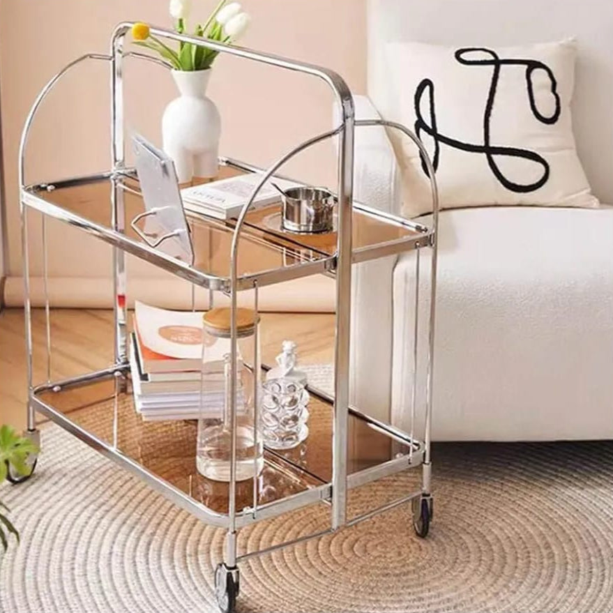 Folding 2-Tier Serving Trolley, Storage Rolling Cart, Mobile Glass Dining Rack Shelf