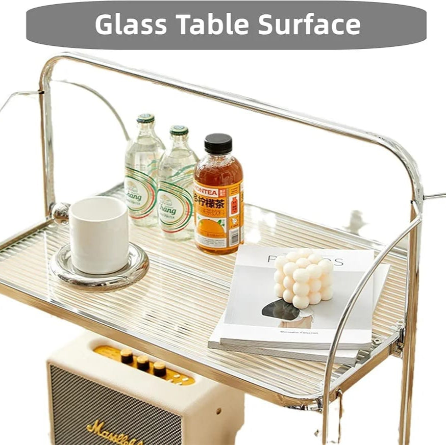 Folding 2-Tier Serving Trolley, Storage Rolling Cart, Mobile Glass Dining Rack Shelf