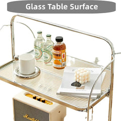 Folding 2-Tier Serving Trolley, Storage Rolling Cart, Mobile Glass Dining Rack Shelf