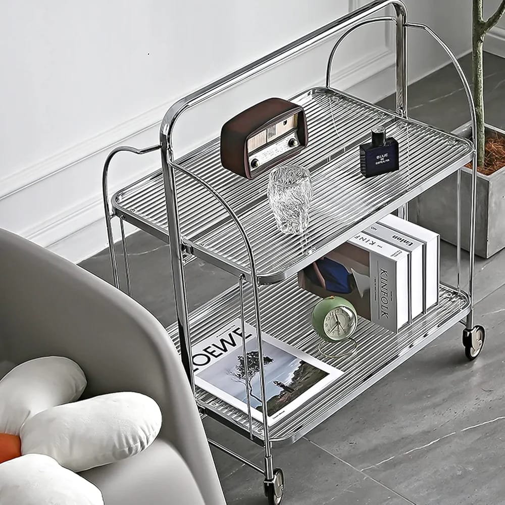 Folding 2-Tier Serving Trolley, Storage Rolling Cart, Mobile Glass Dining Rack Shelf