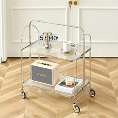 Folding 2-Tier Serving Trolley, Storage Rolling Cart, Mobile Glass Dining Rack Shelf