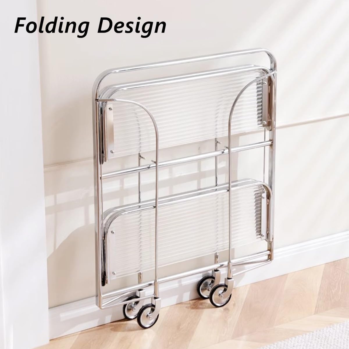 Folding 2-Tier Serving Trolley, Storage Rolling Cart, Mobile Glass Dining Rack Shelf