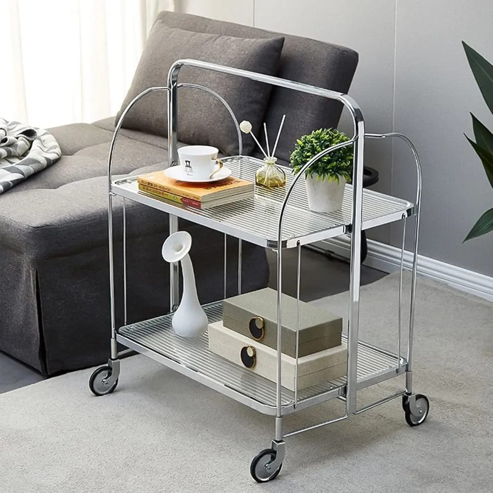 Folding 2-Tier Serving Trolley, Storage Rolling Cart, Mobile Glass Dining Rack Shelf