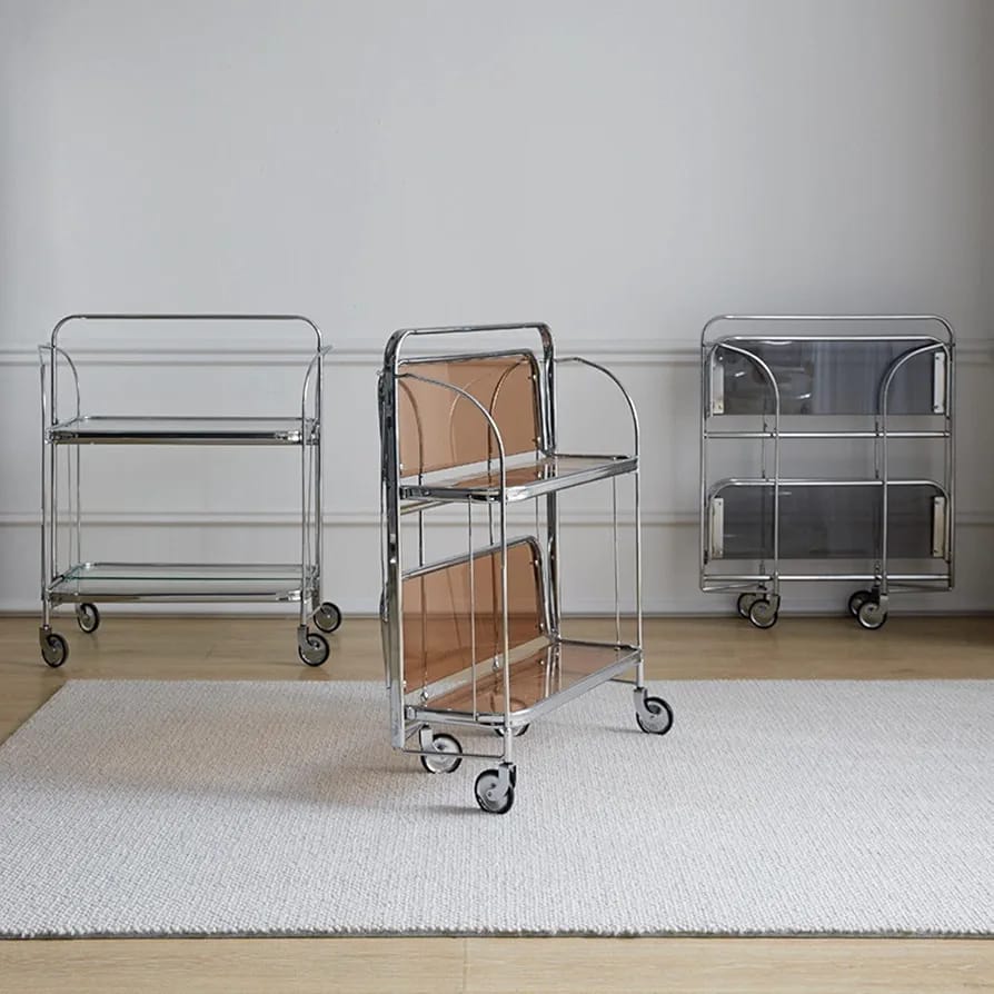 Folding 2-Tier Serving Trolley, Storage Rolling Cart, Mobile Glass Dining Rack Shelf