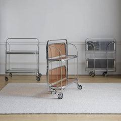 Folding 2-Tier Serving Trolley, Storage Rolling Cart, Mobile Glass Dining Rack Shelf