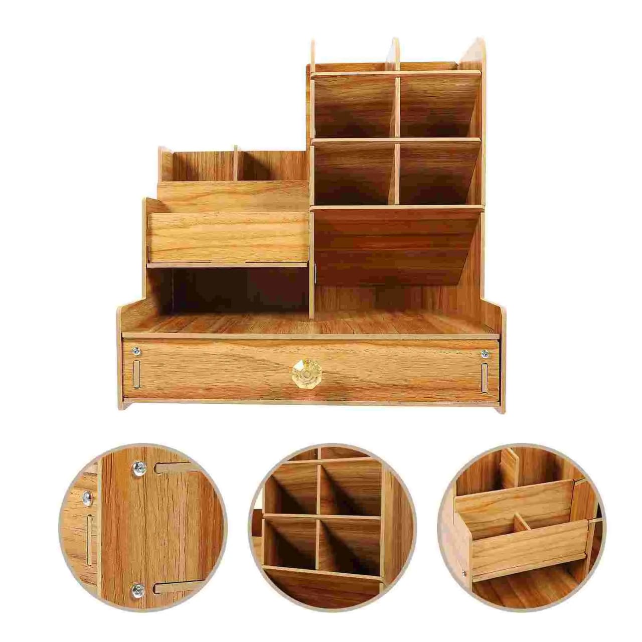 Wooden Desk Organizer with Drawer, Pen Holder - Student and Office Desktop Marker Stationery Storage Rack Box