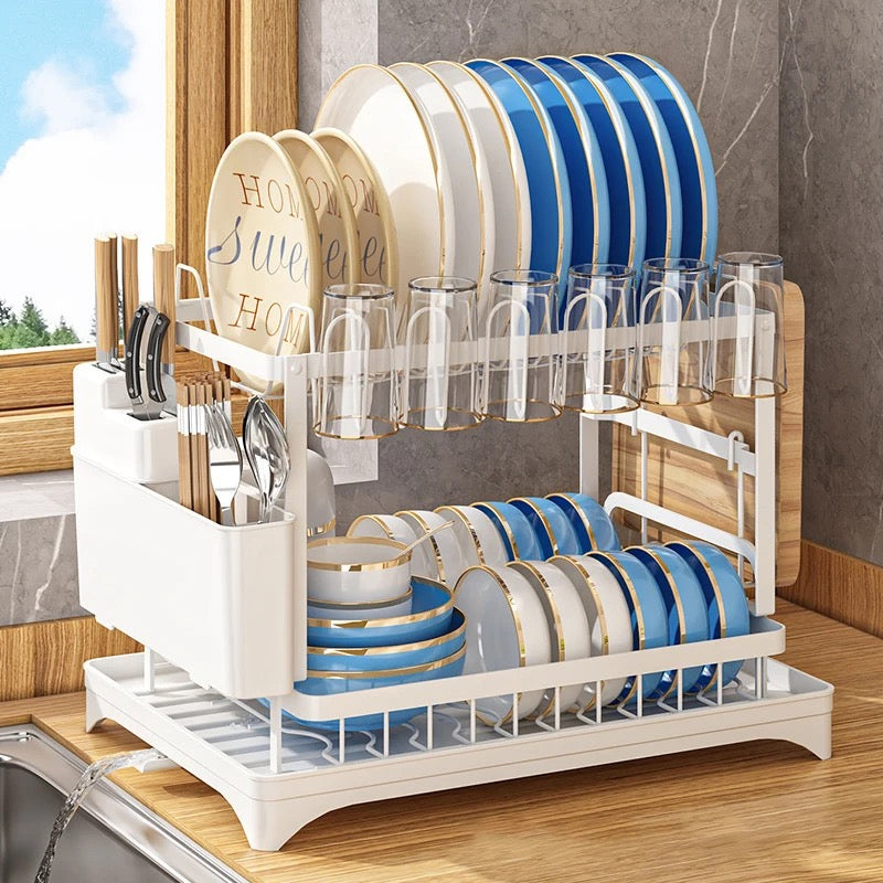 2 Tier Dish Drying Rack with Cutlery Holder, Cup Rack, Drainboard