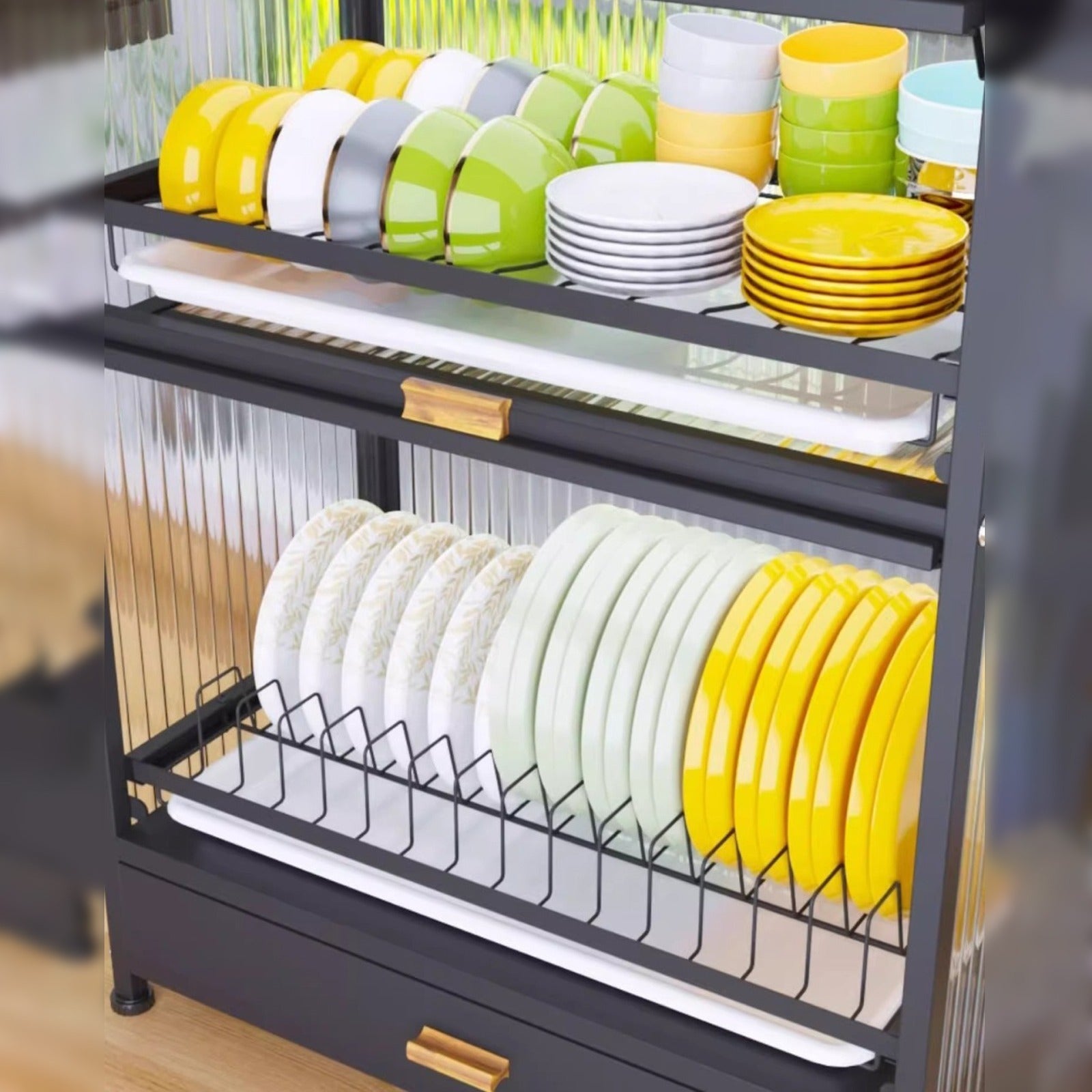 Kitchen Storage Rack Cabinet - Countertop Cutlery and Dish Organizer with Drawer for Utensils, and Cookware