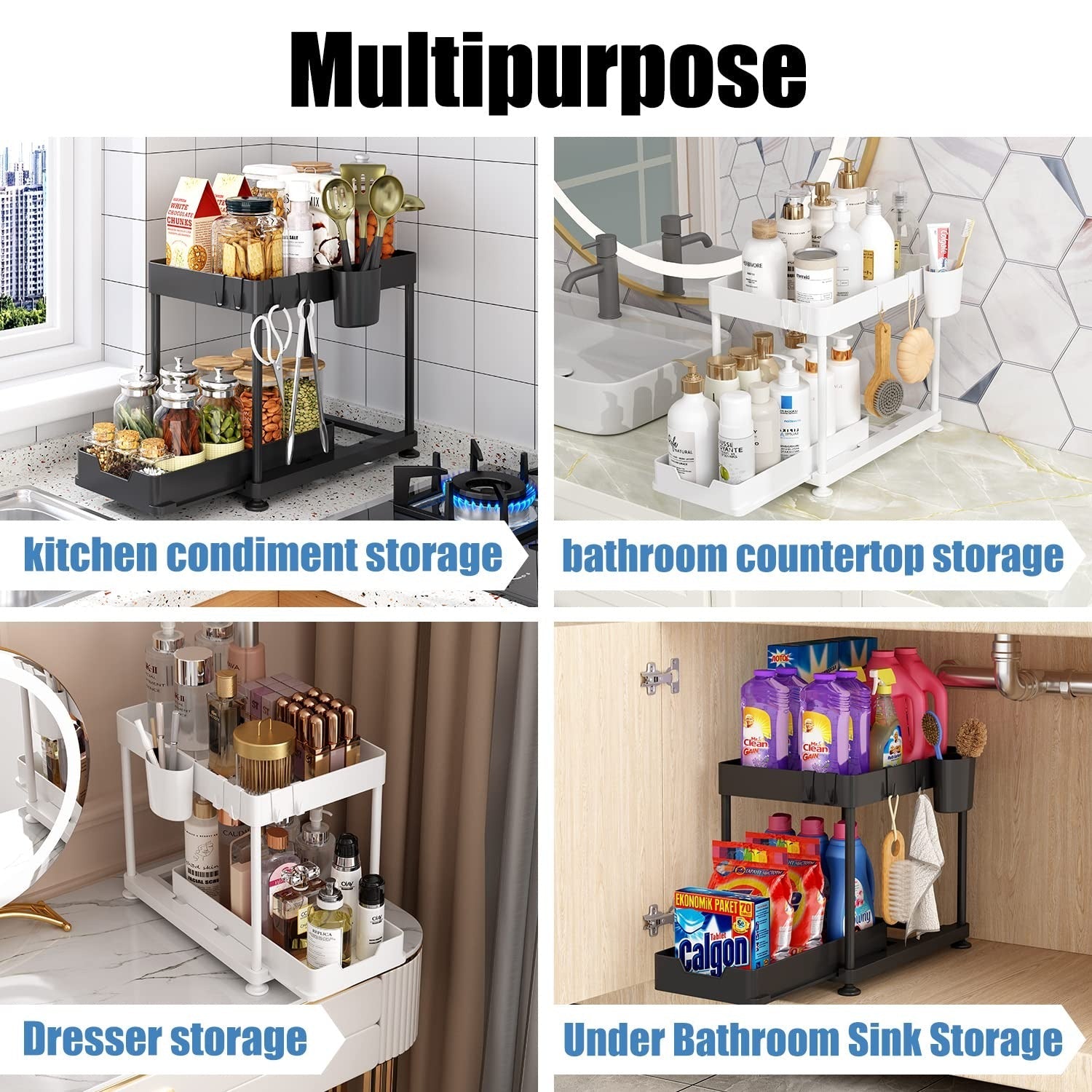 2 Tier Under Sink Organizer - Sliding Cabinet Rack for Kitchen and Bathroom