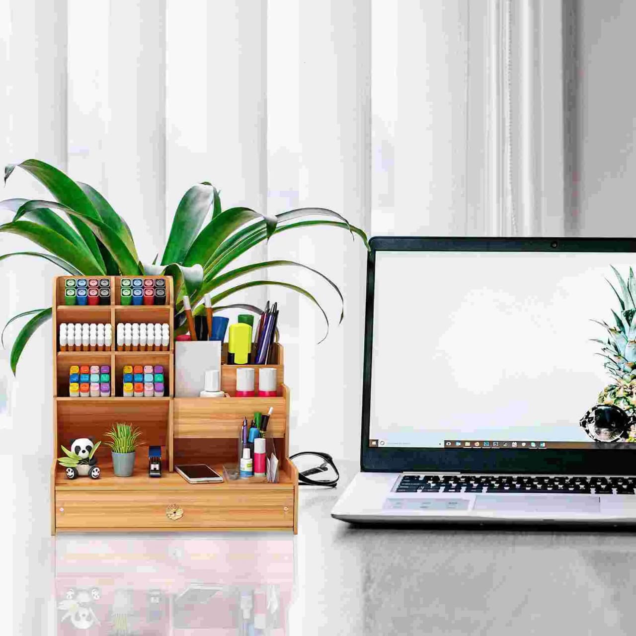 Wooden Desk Organizer with Drawer, Pen Holder - Student and Office Desktop Marker Stationery Storage Rack Box