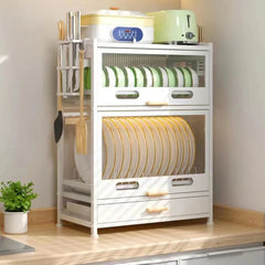 Kitchen Storage Rack Cabinet - Countertop Cutlery and Dish Organizer with Drawer for Utensils, and Cookware
